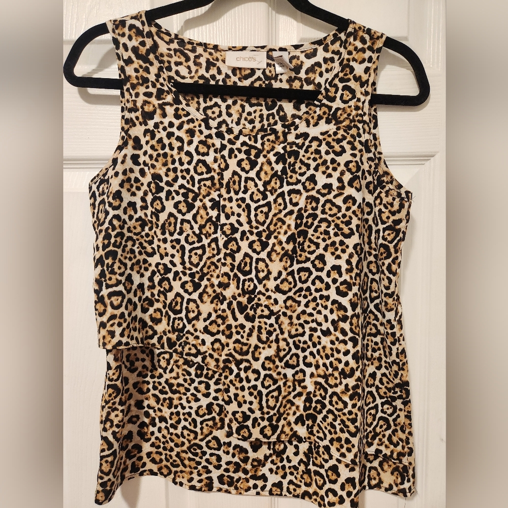 Chico's Leopard Print Sleeveless Blouse Size 0 Tan Brown Layered Tank Top